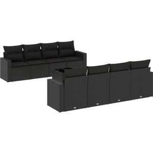 The Living Store 9-delige Loungeset met kussens poly rattan zwart - Tuinlounge - Lounge Set - Buitendecoratie - Buitenkamer - Garden Furniture