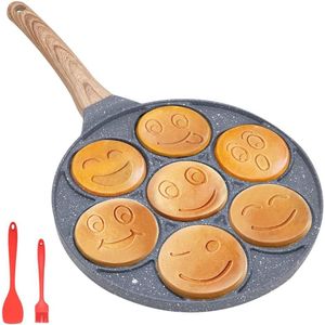 Smiley Face Pannenkoekenpan - antiaanbaklaag - 7 gaten - mini pannenkoekmaker - kinderen - inductie compatibel - 26cm - zwart