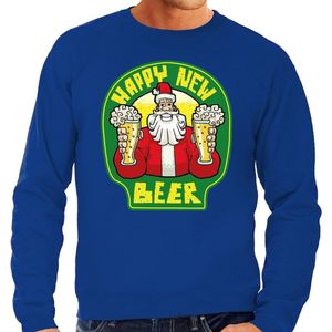 Foute Kersttrui / sweater - oud en nieuw / nieuwjaar trui - happy new beer / bier - blauw voor heren - kerstkleding / kerst outfit L