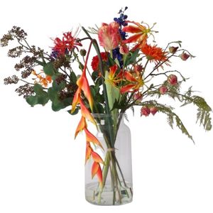 WinQ- Boeket Kunstbloemen in rood/blauw/oranje combinatie - Inclusief vaas - Boeket zijden bloemen - Vrolijke Voorjaarskleuren - Nepbloemen - Zijden bloemen