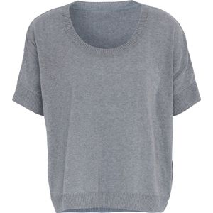 Knit Factory Senna Gebreide Dames Top - Trui met korte mouwen - Gebreide t-shirt - T-shirt - Shirt Gemaakt van 50% gerecyceld katoen - Ronde hals - Licht Grijs - 36/44