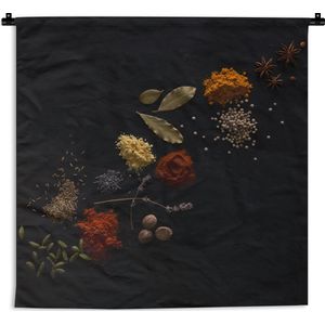 Wandkleed Kruiden en Specerijen - Verschillende kruiden tegen zwarte achtergrond Wandkleed katoen 60x60 cm - Wandtapijt met foto