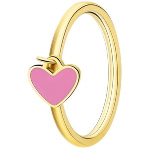 Lucardi Kinder Stalen goldplated ring met hart emaille lichtroze - Ring - Staal - Goudkleurig - 16 / 50 mm