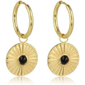 Gouden oorbellen Onyx zonnetje - Vrolijke gouden oorringen met zonnetje hanger en Onyx edelsteen erin - Met luxe cadeauverpakking