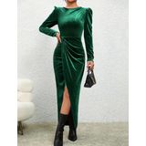 Prachtige sexy elegante donkergroene stretch jurk van suede stof met split maat XL