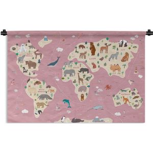 Wandkleed Wereldkaart met dieren - Roze wereldkaart met dieren Wandkleed katoen 90x60 cm - Wandtapijt met foto