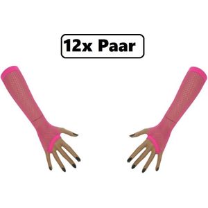 12x Paar Nethandschoen vingerloos lang fluor roze - Thema feest festival party fun net handschoenen