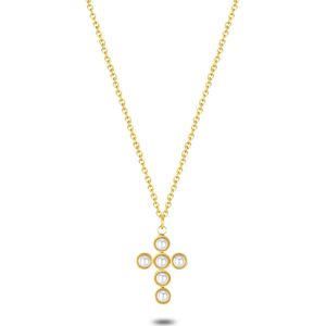 Twice As Nice Halsketting in goudkleurig edelstaal, kruis met parels 40 cm+5 cm