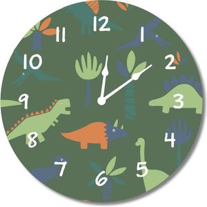 Legergroene Kinderklok Dino's/Dinosaurussen patroon  | STIL UURWERK | dieren wandklok van kunststof/aluminium voor kinderkamer | decoratie accessoires | jongens slaapkamer
