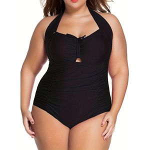 Elegant Badpak- Grote Maten Badpak Met Veters aan de Voorkant en Ruches Halter- Zwempak Bikini Zwemkleding 261- Zwart- Maat 3XL