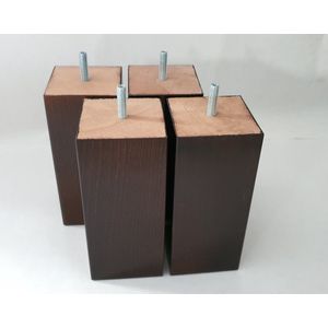 Set van 4 stuks houten Boxspring Bedden Meubelpoten Wengé (donker bruin) Beuken 16 cm hoog  7x7 cm met M8 draad  Boxspring bedden banken