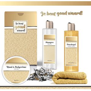 Geschenkset “Je bent goud waard!” - 4 producten - 700 gram | Luxe Cadeaubox voor haar - Wellness Pakket Vrouw - Giftset Vriendin - Moeder - Cadeaupakket Collega - Cadeau Zus - Verjaardag Oma - Moederdag - Kerstpakket - Kerst Cadeau - Goud