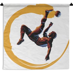 Wandkleed Voetbal illustratie - Een illustratie van een voetballer die een omhaal maakt Wandkleed katoen 60x60 cm - Wandtapijt met foto