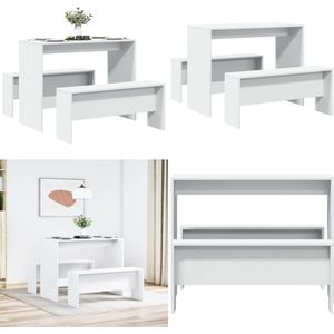 vidaXL 3-delige Eettafel en bankenset bewerkt hout wit - Eetkamerset - Eetkamersets - Eetkamer Set - Keukenset