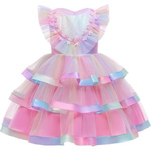 Prinses - Luxe Unicorn jurk - Roze regenboog - Prinsessenjurk - Verkleedkleding - Feestjurk - Sprookjesjurk - Maat 122/128 (6/7 jaar)