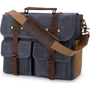 Messengertas voor heren, laptoptassen, leer, vintage, canvas, schoudertas, heren, waterdicht, zakelijke koffer voor werk en school, 15,6 inch - Zwart
