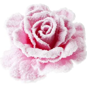 Roze roos met sneeuw op clip 10 cm - kerstversiering