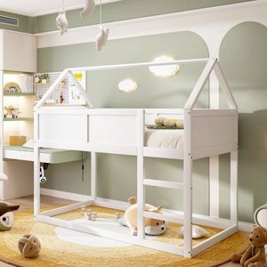 Sweiko Vloer tot plafond bed, 90 *200 centimeter, Lage verdieping eenpersoonsbed, zolderbed met trap, massief houten frame, Wit