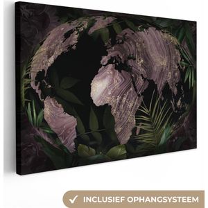 Canvas Wereldkaart - 150x100 - Wanddecoratie Wereldkaart - Paars - Goud