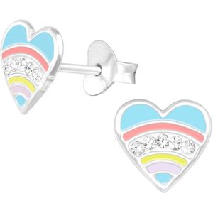 Joy|S - Zilveren hartje oorbellen - pastel regenboog - kristal - 8 mm - kinderoorbellen