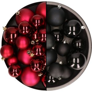 Kerstversiering kunststof kerstballen kleuren mix zwart/donkerrood 4-6-8 cm pakket van 68x stuks