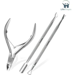 LifeStages - Nagelriem Knipper - Nagelriemschaar en Nagelriemverwijderaar - 3-in-1 Professionele Manicure en Pedicure Gereedschap met Tang, Schaar, Nagelriem, Dode Huidverwijderaar, Vorken, en Nagelschraper - Zilver