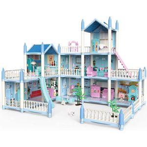 Poppenhuis - Houten Poppenhuis met Meubels - Kinderspeelgoed 1 jaar en Ouder - Blauw met Wit