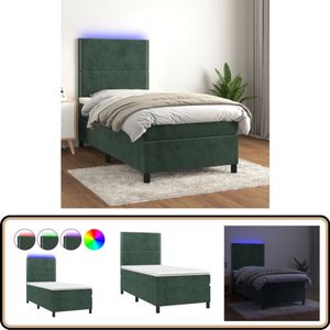 vidaXL Boxspring met LED - Fluweel - Donkergroen - 100x200 cm Boxspring - Donkere Kleuren - Velvet Bed - Verstelbare Hoofdbord - Led Lampje