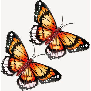 Anna's Collection Wand decoratie vlinder - 2x - oranje - 34 x 21 cm - metaal - muurdecoratie
