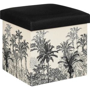 Atmosphera Poef/krukje/hocker Palmtrees - Opvouwbare zit opslag box - creme wit/zwart - D39 x H39 cm - MDF/polyester