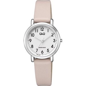 Q&Q Q58A-003PY - Horloge - Analoog - Vrouwen - Dames - Leren band - Rond - Metaal - Cijfers - Lichtroze - Zilverkleurig - Wit - 3ATM
