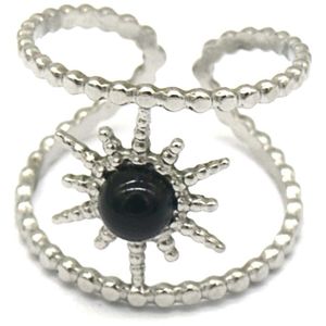 Ring - Ster met Steen - RVS - One Size - Agaat Zwart - Zilverkleurig