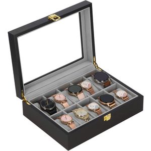 Springos Horlogedoos - Horlogebox - Horlogeopberger - Klikgesp - Zwart - Grijs - 10 Horloges - 26,5 x 20 x 8 cm