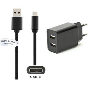 OneOne 2.1A lader met 2 poorten + 1,2m standaard USB C kabel. Oplader adapter past op Huawei Mate 9, 10, 20, 20 RS, 20X, 30, 30E, 40, 40E, 50, 50E, 50RS, 60, 70 (Pro_RS_Lite_Plus,_Pro Plus), Mate RS, X, Xs, Xs 2, X2, X3, X5, X6, XT
