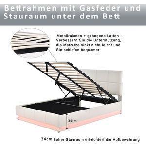 Merax Kunstleer Gestoffeerd Tweepersoonsbed 140x200cm - Bed met LED Verlichting en Hydraulische Opbergruimte - Wit