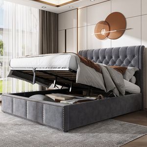 KOMHTOM Tweepersoonsbed Bed 140x200 cm Functioneel opbergbed Rivetversiering Grijs fluweel