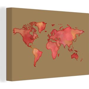Canvas Wereldkaart - 120x80 - Wanddecoratie Wereldkaart - Rood - Waterverf
