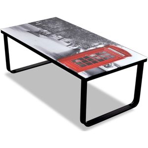 vidaXL Salontafel - Telefooncel-Print - Gehard Glas Salontafel - Telefooncel Print - Rechte Salontafel - Zwarte Salontafel - Houten Salontafel - Design Salontafel - Modern Interieur - Living Room Decor - Koffietafel - Tv Tafeltje