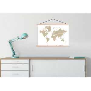 Schoolplaat - Textielposter - Wereldkaart - Wit - Krantenpapier - 90x60 cm - Textiel poster