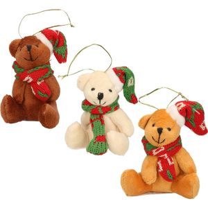 3x Kersthangers knuffelbeertjes wit beige en bruin met gekleurde sjaal en muts 7 cm - Kerst hangdecoratie - Kerstboom versiering
