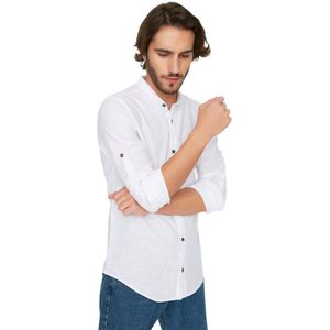 Trendyol Indigo Basic Judge Collar Epaulette Slim Fit Lange Mouw Linnen Look Shirt Tmnss20Go0188