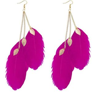 Fako Bijoux® - Veren Oorbellen - Oorhangers - Veren Trio Blaadjes - Fuchsia