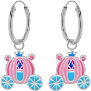 Oorbellen meisjes zilver | Zilveren oorbellen met hanger, roze koets met blauwe details