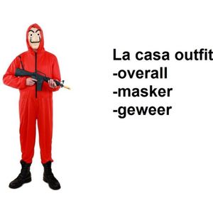 Rode overall outfit met masker M/L + geweer - La casa de papel festival Halloween thema feest festival film