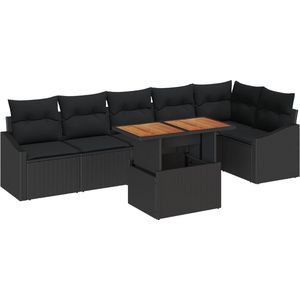 vidaXL - 7-delige - ligbed - set - met - kussens - - - zwart - poly - riet