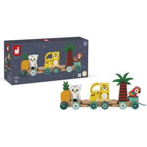 Janod Tropik - Trekfiguur Tropen Express Trein - Grote Meerkleurige Houten Trein Met Dieren - 2-In-1 Speelfiguur: Trekfiguur En Stapelspeelgoed - Lengte Van Het Touwtje: 50 Cm - Geschikt Vanaf 1 Jaar