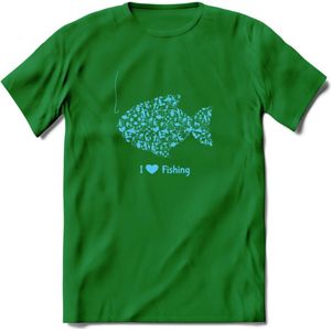 I Love Fishing - Vissen T-Shirt | Blauw | Grappig Verjaardag Vis Hobby Cadeau Shirt | Dames - Heren - Unisex | Tshirt Hengelsport Kleding Kado - Donker Groen - S