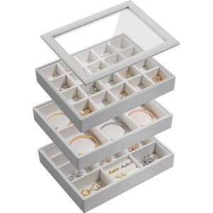 Sieradenkistje, drie verdiepingen sieradenopslag met glazen deksel en afneembare scheidingswand, dames sieradendienbladen sieraden organizer voor horloge halsketting armband ring oorknopjes