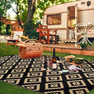 Tapijt 150 x 245 cm, outdoor tapijt voor patio, klaring, omkeerbare mat, kunststof, strotapijt, uv-bestendig, campingmat voor picknick, zwart-camel