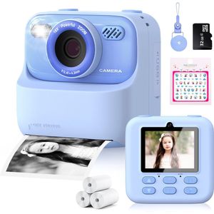 Ilona® 3 In 1 Digitale Kindercamera + Instant Print + Selfiecamera - Speelcamera - Inc. Frozen Stickervel - 32GB Micro SD Kaart - Camera Kinderen - Vlogcamera met Games - Fototoestel voor Kinderen - Klein Formaat Speelgoed - Met Videofunctie - Blauw